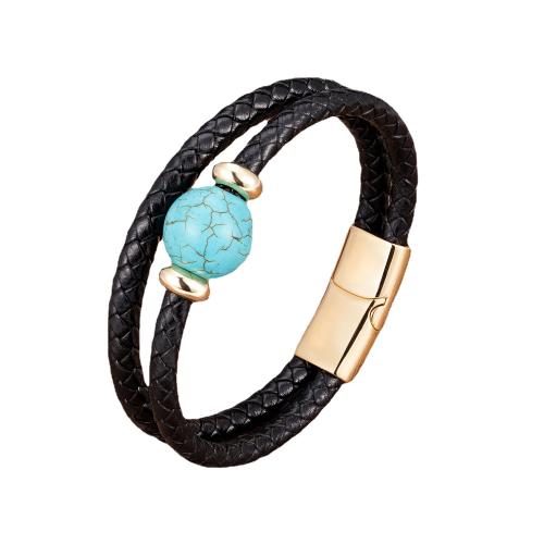 PU Leather Cord Bracelets, with Natural Stone & 304 Stainless Steel, Vacuum Ion Plating, fashion jewelry & Unisex, more colors for choice, Length:Approx 21 cm, Sold By PC