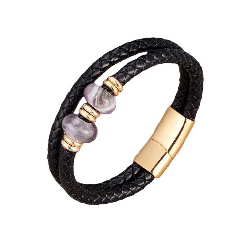 PU Leather Cord Bracelets with Natural Stone & 304 Stainless Steel Vacuum Ion Plating fashion jewelry & Unisex Length Approx 21 cm Sold By PC