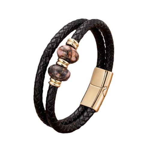 PU Leather Cord Bracelets, with Natural Stone & 304 Stainless Steel, Vacuum Ion Plating, fashion jewelry & Unisex, more colors for choice, Length:Approx 21 cm, Sold By PC