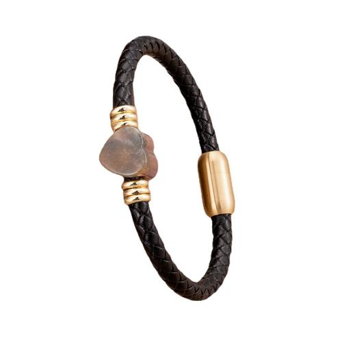 PU Leather Cord Bracelets with Natural Stone & 304 Stainless Steel Heart Vacuum Ion Plating fashion jewelry & Unisex Length Approx 21 cm Sold By PC