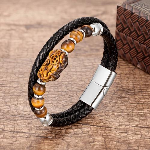 PU Leather Cord Bracelets, with Natural Stone & 304 Stainless Steel, Vacuum Ion Plating, fashion jewelry & Unisex, more colors for choice, Length:Approx 21 cm, Sold By PC