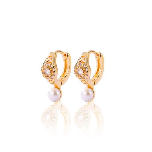 Cubic Zirconia Micro Pave Brass Earring, with Plastic Pearl, plated, different styles for choice & micro pave cubic zirconia & for woman, gold, Sold By Pair