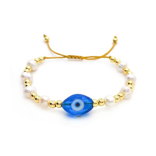 Bracelet Evil Eye bijoux, laiton, avec corde de cire & perle d'eau douce cultivée & chalumeau, bijoux de mode & pour femme, doré, Vendu par PC