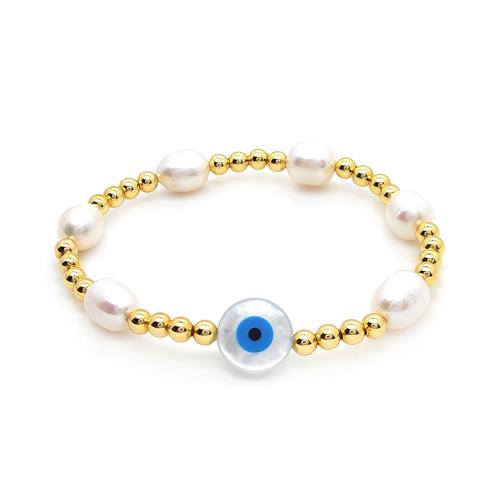 Evil Eye Jewelry Bracelet, Brass, with Shell & Freshwater Pearl, fashion jewelry & for woman, golden, Sold By PC