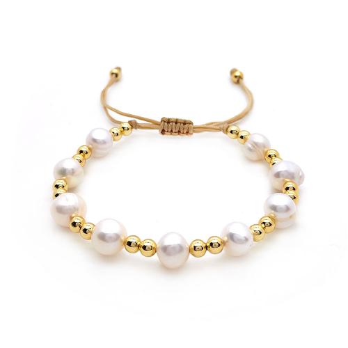 Brass Bracelet & Bangle, with Wax Cord & Freshwater Pearl, Bohemian style & different styles for choice & for woman, golden, Length:Approx 28 cm, Sold By PC