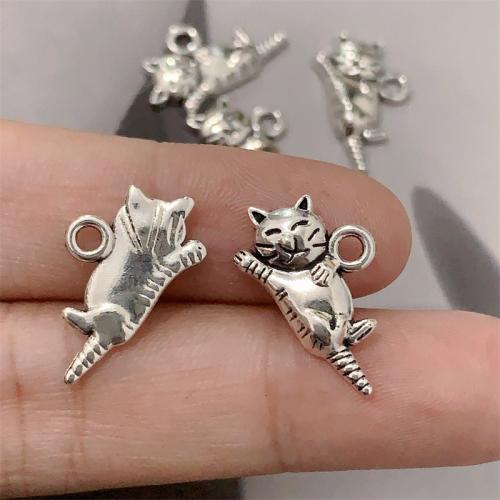 In lega di zinco animali pendenti, lega in zinco, Gatto, placcato argento antico, DIY, 19x12mm, 100PC/borsa, Venduto da borsa