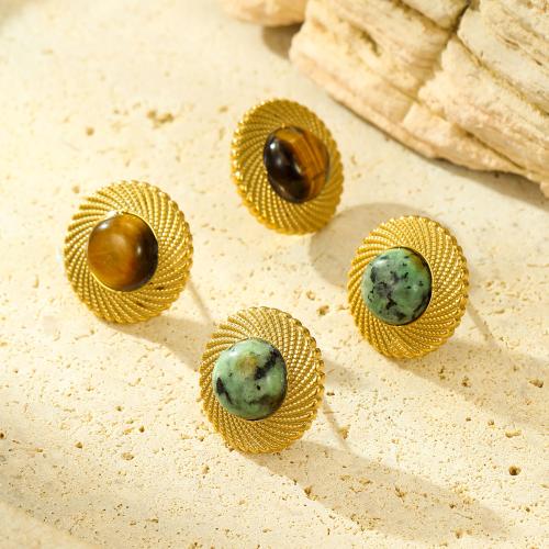 Stainless Steel Stud Earrings, 304 Stainless Steel, with Natural Stone, Round, fashion jewelry & for woman, golden, 19mm, Sold By Pair