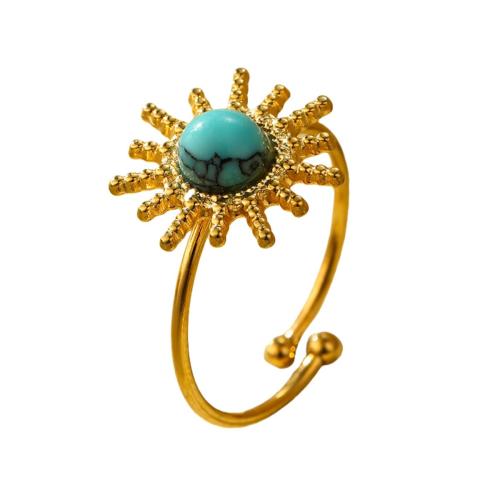 Stainless Steel Finger Ring, 304 Stainless Steel, with turquoise, 18K gold plated, fashion jewelry & for woman, golden, Sold By PC