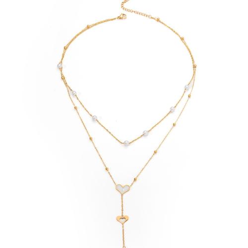 Collier de bijoux en acier inoxydable, Acier inoxydable 304, avec perle de plastique, Double couche & styles différents pour le choix & pour femme, doré, Vendu par PC