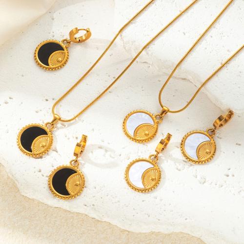 Fashion Stainless Steel Jewelry Sets, earring & necklace, 304 Stainless Steel, with Black Shell & White Shell, with 5cm extender chain, Round, 2 pieces & fashion jewelry & for woman, golden, Length:Approx 5 cm, Sold By Set