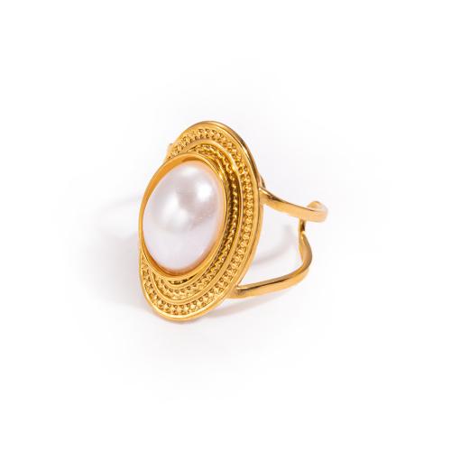 Stainless Steel Finger Ring, 304 Stainless Steel, with Plastic Pearl, fashion jewelry & for woman, golden, Sold By PC