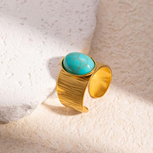 Stainless Steel Finger Ring, 304 Stainless Steel, with turquoise, fashion jewelry & for woman, golden, Sold By PC