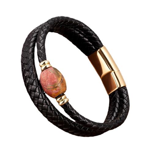 PU Leather Cord Bracelets, with Natural Stone & 304 Stainless Steel, Vacuum Ion Plating, fashion jewelry & Unisex, more colors for choice, Length:Approx 21 cm, Sold By PC