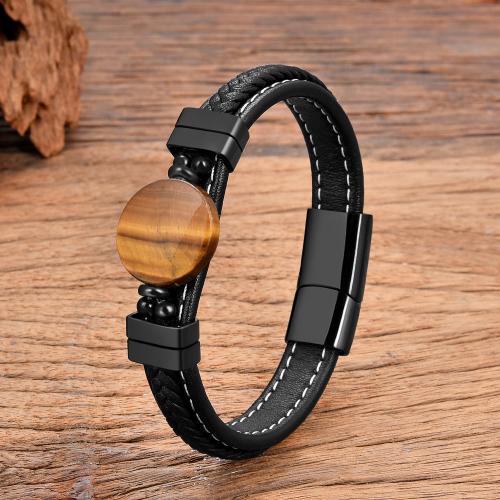 PU Leather Cord Bracelets, with Natural Stone & 304 Stainless Steel, Vacuum Ion Plating, fashion jewelry & different length for choice & Unisex, more colors for choice, Sold By PC