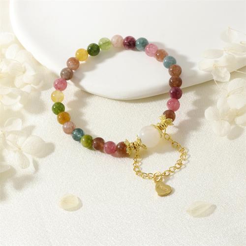 Gemstone Bracelets, Tourmaline, with Brass, gold color plated, fashion jewelry & for woman, multi-colored, Length:Approx 16-17 cm, Sold By PC