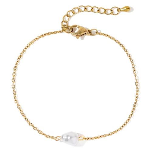 Stainless Steel Jewelry Bracelet 304 Stainless Steel with Plastic Pearl with 5cm extender chain Vacuum Ion Plating fashion jewelry & for woman golden Length Approx 16.5-17 cm Sold By PC