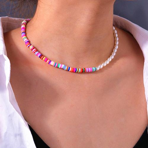 Plastic Pearl Necklace, Polymer Clay, with Plastic Pearl, with 7cm extender chain, fashion jewelry, mixed colors, Length:38 cm, Sold By PC