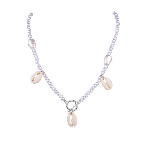 Collier de perles en plastique, perle de plastique, avec coquille, bijoux de mode, blanc, Vendu par PC