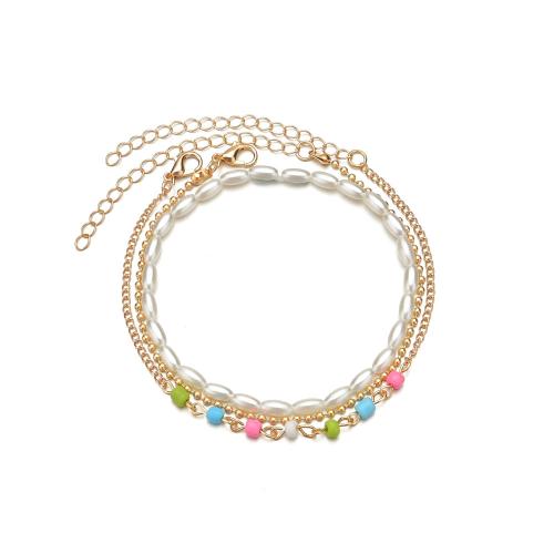 Tibetan Style Anklet, with Seedbead & Plastic Pearl, gold color plated, fashion jewelry, mixed colors, nickel, lead & cadmium free, 3PCs/Set, Sold By Set