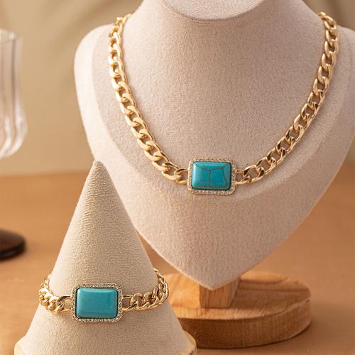 Zinc Alloy Jewelry Sets bracelet & necklace with turquoise plated for woman gold Sold By Set