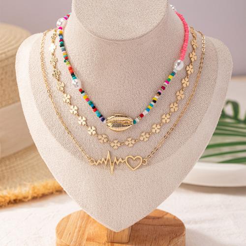 Zinc Alloy Jewelry Necklace with Seedbead & Plastic Pearl plated three pieces & for woman gold Sold By Set