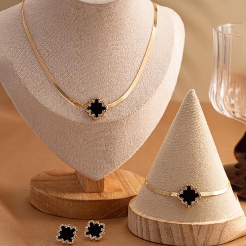 Tibetan Style Jewelry Sets, Stud Earring & bracelet & necklace, plated, micro pave cubic zirconia & for woman & enamel, gold, Sold By Set