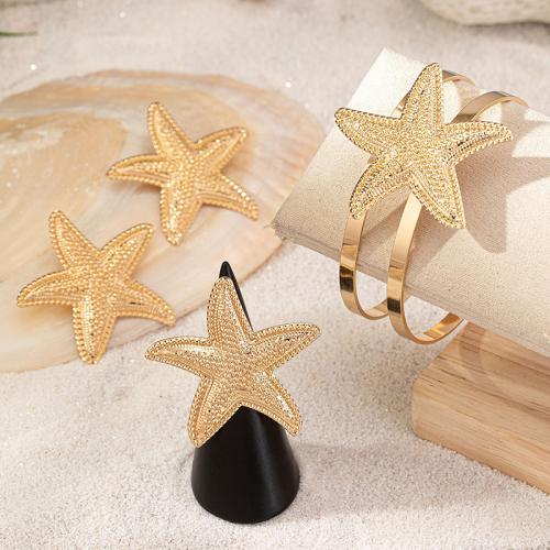 Tibetan Style Jewelry Sets, Stud Earring & cuff bangle & finger ring, Starfish, plated, for woman, gold, Sold By Set