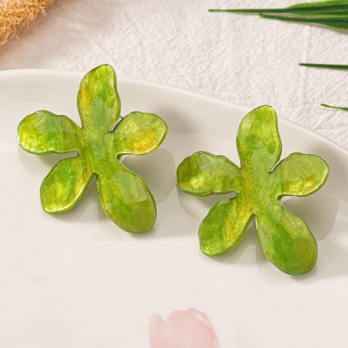 Tibetan Style Stud Earring, with Acrylic, petals, plated, for woman, green, Sold By Pair