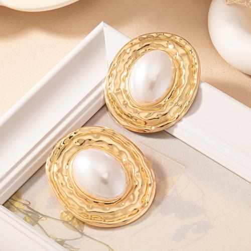 Tibetan Style Stud Earring, with Plastic Pearl, plated, for woman, gold, Sold By Pair