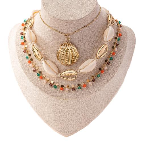 Tibetan Style Jewelry Necklace, with Wax Cord & Shell & Glass, plated, three pieces & for woman, gold, Sold By Set