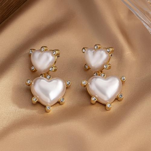 Tibetan Style Stud Earring, with Plastic Pearl, Heart, plated, micro pave 17 pcs cubic zirconia & for woman, gold, Sold By Pair