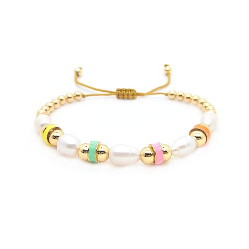 Brass Bracelet & Bangle, with Wax Cord & Freshwater Pearl, for woman & enamel, more colors for choice, Sold By PC