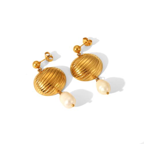 Stainless Steel Stud Earrings, 304 Stainless Steel, with Plastic Pearl, fashion jewelry & for woman, golden, 52x25mm, Sold By Pair