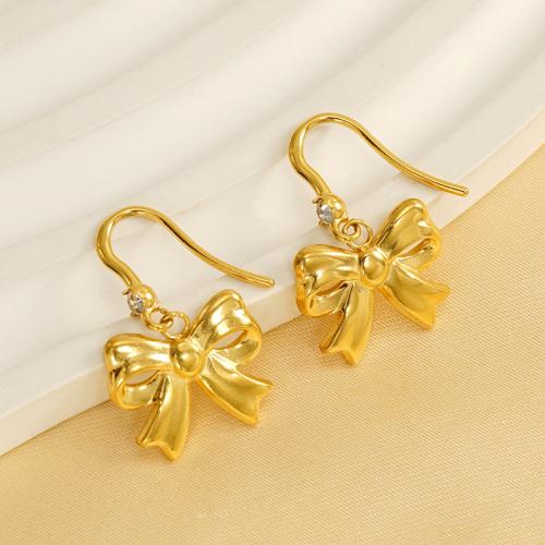 Stainless Steel Drop Earring, 304 Stainless Steel, Bowknot, 18K gold plated, fashion jewelry & for woman & with rhinestone, golden, 25x16mm, Sold By Pair