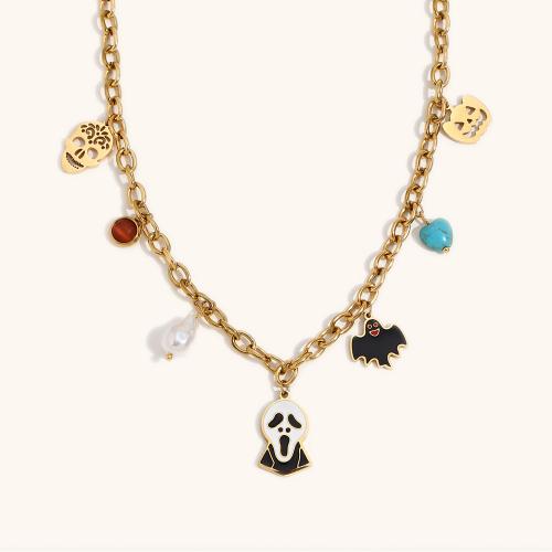 Halloween Necklace, 304 Stainless Steel, with Plastic Pearl, with 5cm extender chain, 18K gold plated, Halloween Jewelry Gift & for woman & enamel, golden, Sold Per Approx 40 cm Strand