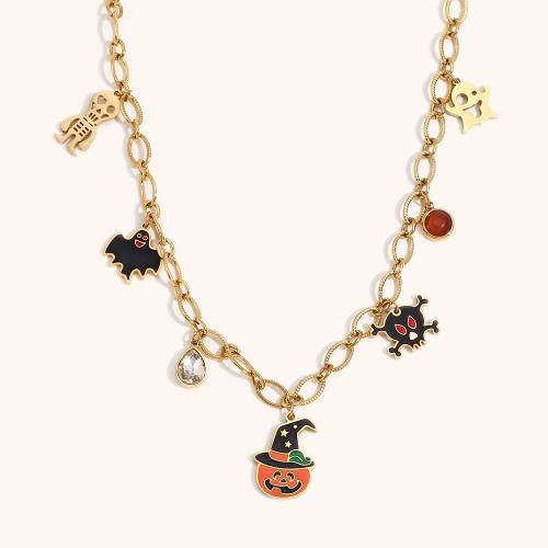 Halloween Necklace, 304 Stainless Steel, with 5cm extender chain, 18K gold plated, Halloween Jewelry Gift & for woman & enamel & with rhinestone, golden, Sold Per Approx 40 cm Strand