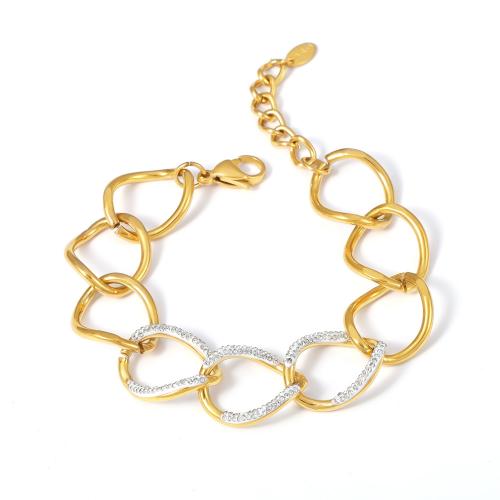 Bijoux bracelet en acier inoxydable, Acier inoxydable 304, avec 3cm chaînes de rallonge, bijoux de mode & pour femme & avec strass, doré, 17mm, Longueur:Environ 16 cm, Vendu par PC