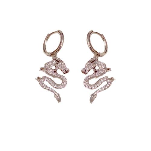 Cubic Zirconia Micro Pave Brass Earring, Dragon, plated, fashion jewelry & micro pave cubic zirconia, more colors for choice, nickel, lead & cadmium free, 12x33mm, Sold By Pair