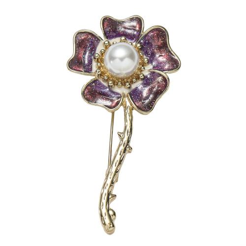 Tibetan Style Brooches, with Plastic Pearl, Flower, gold color plated, fashion jewelry & enamel, golden, nickel, lead & cadmium free, 64x31mm, Sold By PC