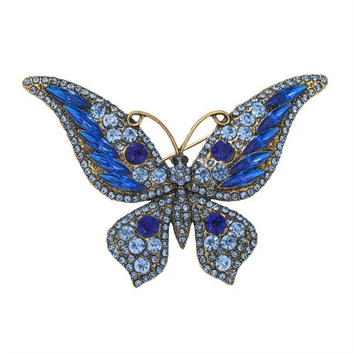 Zinklegierung Broschen, Schmetterling, goldfarben plattiert, Modeschmuck & mit Strass, blau, frei von Nickel, Blei & Kadmium, 48x69mm, verkauft von PC