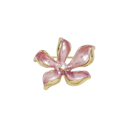 Tibetan Style Brooches, with Plastic Pearl, Flower, gold color plated, fashion jewelry & enamel, pink, nickel, lead & cadmium free, 24x27mm, Sold By PC