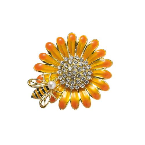 Broches en alliage de zinc, fleur, Placage de couleur d'or, bijoux de mode & émail & avec strass, Jaune, protéger l'environnement, sans nickel, plomb et cadmium, 40x36mm, Vendu par PC