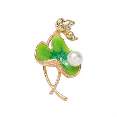 Tibetan Style Brooches, with Plastic Pearl, Lotus, gold color plated, fashion jewelry & enamel & with rhinestone, green, nickel, lead & cadmium free, 42x25mm, Sold By PC