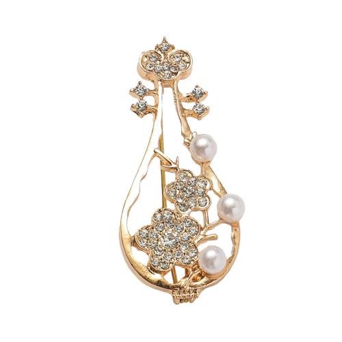 Tibetan Style Brooches, with Plastic Pearl, Musical Instrument, gold color plated, fashion jewelry & with rhinestone, golden, nickel, lead & cadmium free, 48x21mm, Sold By PC