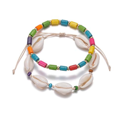 Fashion Jewelry Anklet, Acrylic, with Wax Cord & Shell, 2 pieces, mixed colors, Sold By Set