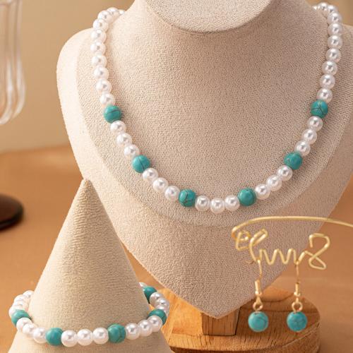 Tibetan Style Jewelry Sets, bracelet & earring & necklace, with turquoise & Plastic Pearl, plated, for woman, gold, Sold By Set