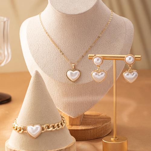 Tibetan Style Jewelry Sets, Stud Earring & bracelet & necklace, with Plastic Pearl, plated, for woman, gold, Sold By Set