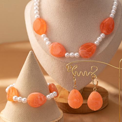 Tibetan Style Jewelry Sets, bracelet & earring & necklace, with Gemstone & Plastic Pearl, plated, for woman, gold, Sold By Set