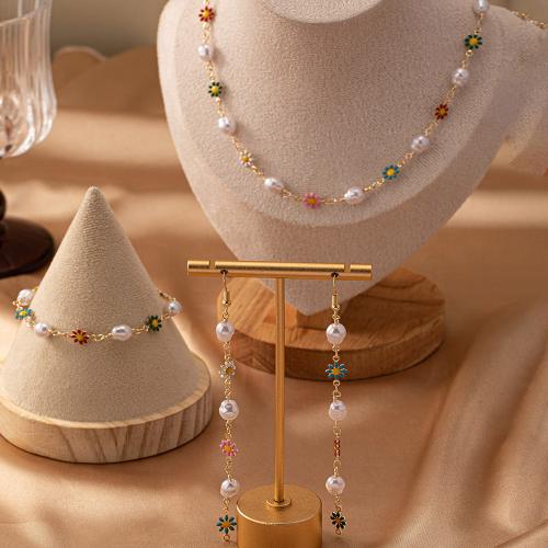 Tibetan Style Jewelry Sets, bracelet & earring & necklace, with Plastic Pearl, plated, for woman & enamel, gold, Sold By Set