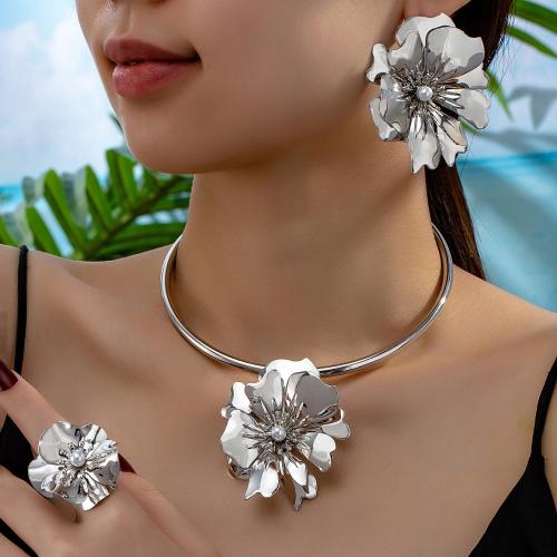 Tibetan Style Jewelry Sets, Stud Earring & finger ring & necklace, with Plastic Pearl, petals, plated, for woman, silver color, Sold By Set